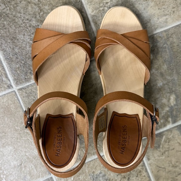Swedish Hasbeens 80’s Strap Sandal Wood Clog Tan Brown EU 37 US 7 Boho Shoe - Picture 9 of 12